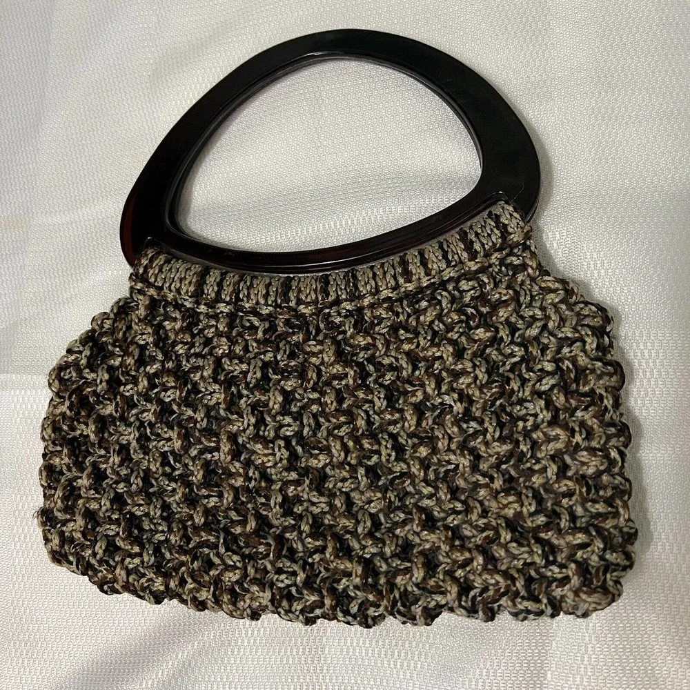 Vintage 60’s-70’s BOHO Brown Beige Macrame Handbag Purse Lucite Top Handles